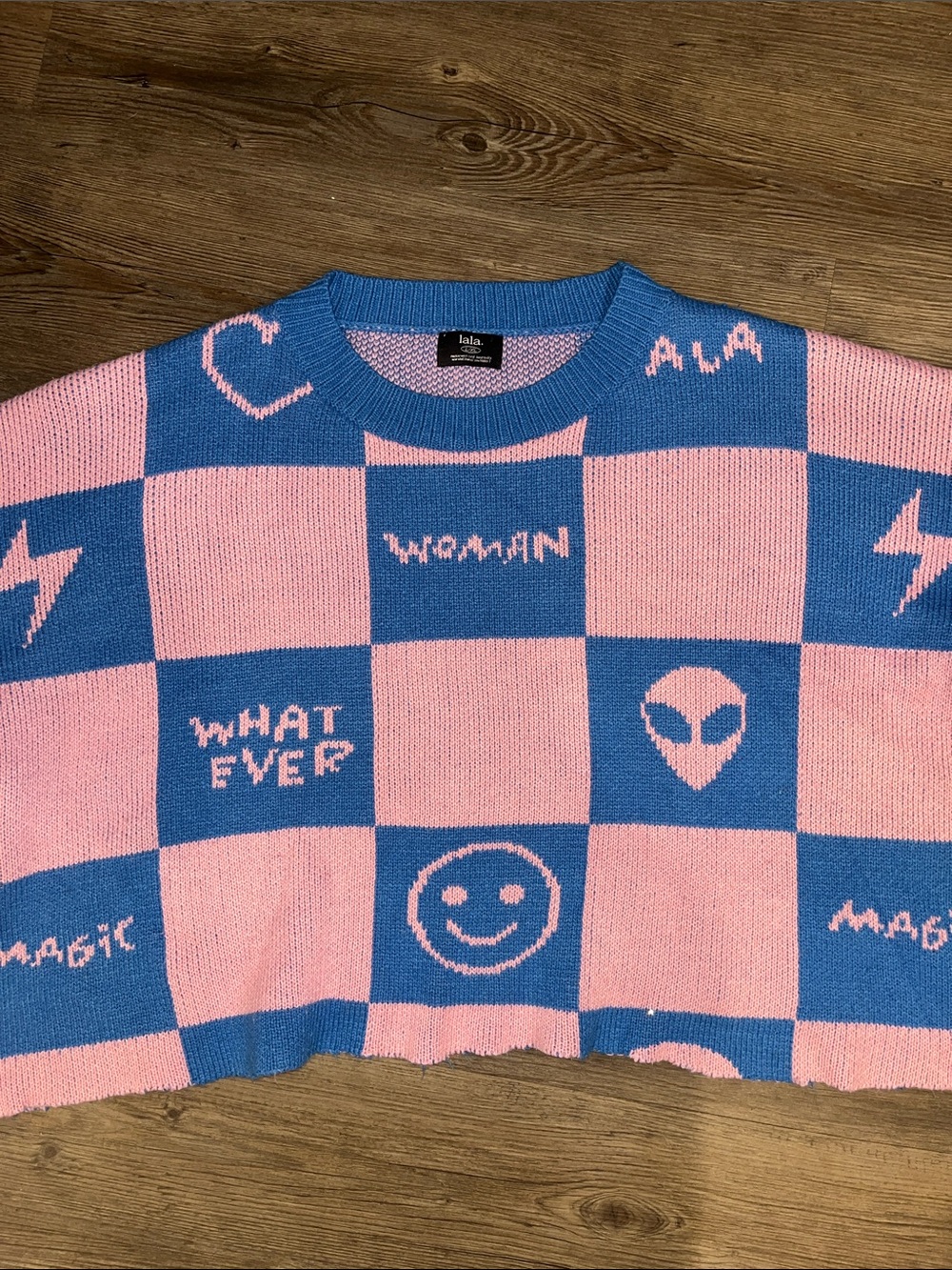 DRESSED IN LALA Checkerboard Graphic Crewneck Sweater